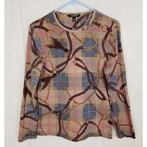 Lauren Ralph Lauren brown plaid equestrian bridle print top size Medium Preppy